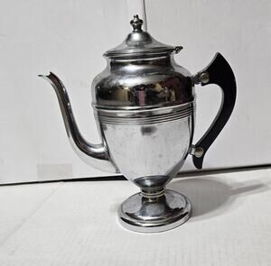 Vintage Chrome Metal Teapot Coffee Pot Art Deco Style Black Handle Unbranded